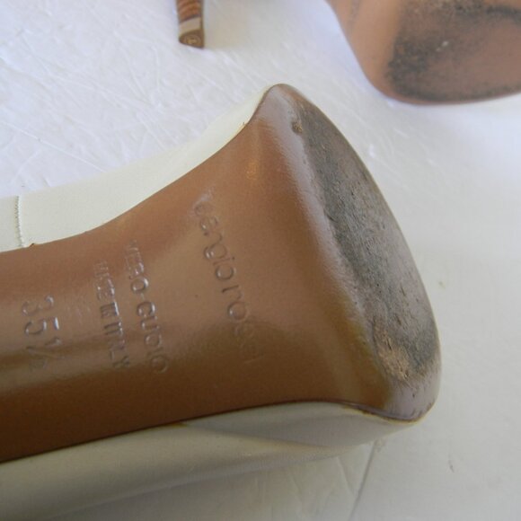 SERGIO ROSSI CREAM/IVORY LEATHER WOOD HEEL OPEN TOE MADE IN ITALY HEELS SZ 35.5 - Picture 7 of 8